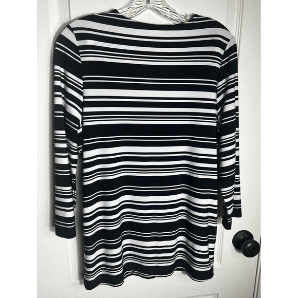 Chicos Top Women’s Sz Chicos Size 1 Pullover 3/4 Sleeve V Neck Crisscross Stripe - Picture 5 of 11
